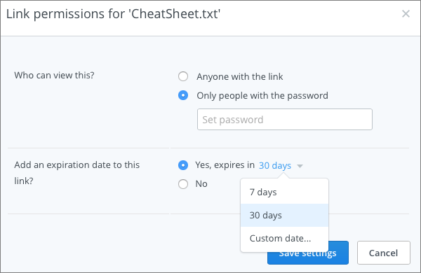 **②** Optionally add a password or expiration date to a link in this dialog.