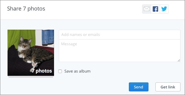 **③** In this dialog, you can share photo albums via email (shown here), Facebook, or Twitter.