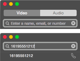 **②** When you start typing a phone number into this field, the Video and Audio buttons (seen at top) disappear and a phone icon appears (bottom); tap it to make the call.