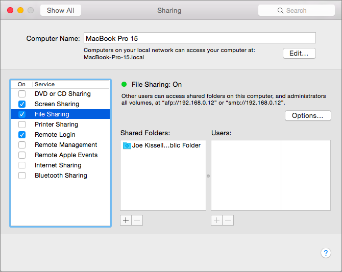 **①** Turn on File Sharing in the Sharing pane of System Preferences to allow other Macs and PCs on the local network to access shared folders on your Mac.