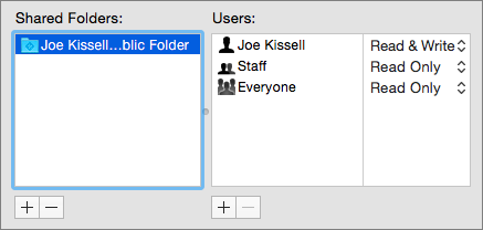 **②** Add shared folders and specify user permissions in this portion of the window. You can also change user permissions using the pop-up menu next to the user’s name, or click the minus   button to delete a user.