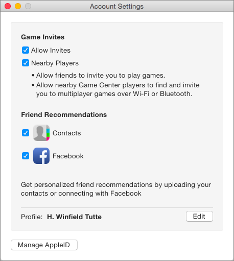 **②** The main Account Settings screen for Game Center on a Mac.