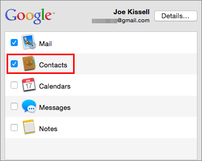 **①** To sync contacts from a cloud service such as Google with Contacts on your Mac, make sure Contacts is selected.