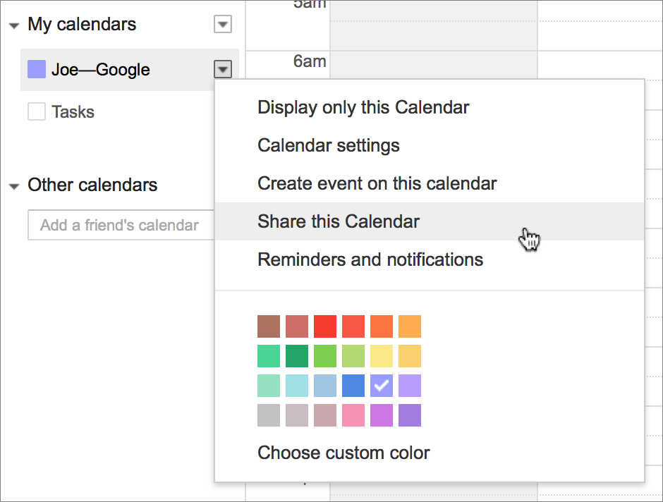 **②** Choose Share this Calendar to share a Google Calendar.