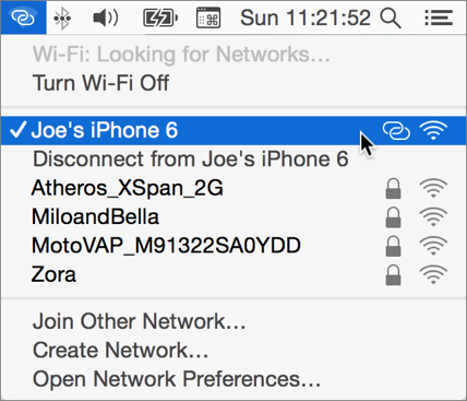 **②** Personal Hotspot devices appear on this menu along with other Wi-Fi networks.