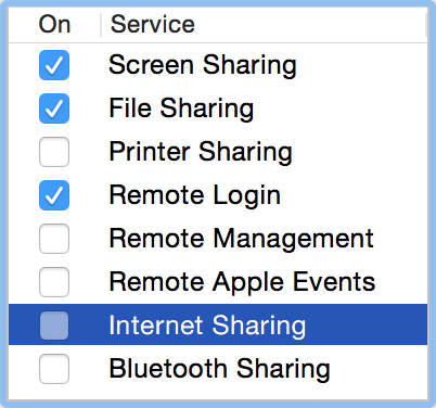 **①** Select Internet Sharing to start—but you can’t check the box (yet).