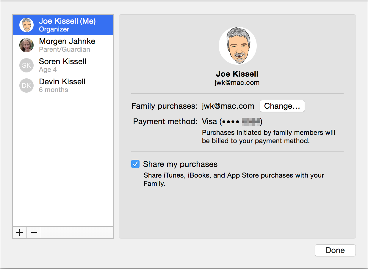 **①** Manage payment method and family members in this dialog within the iCloud preference pane.