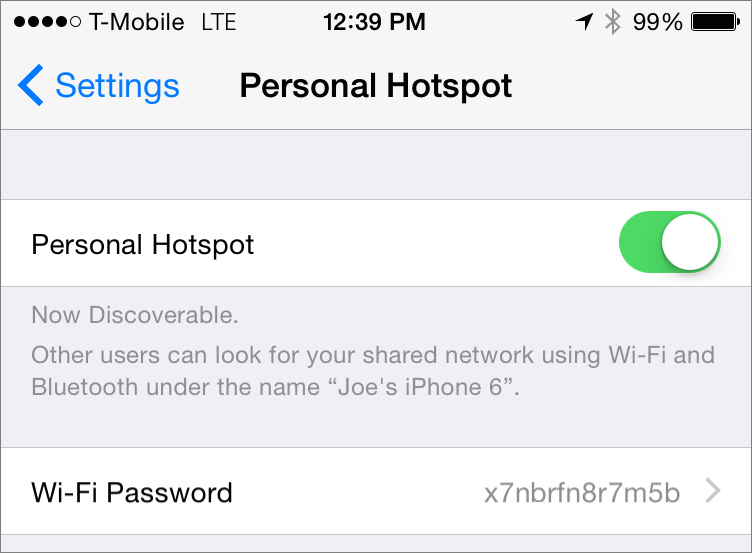 **①** Turn on Personal Hotspot here.