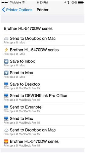 **②** When you tap Print in an iOS app with Printopia enabled on a local Mac, you see not only shared printers but also apps and folders to which you can send PDF files.