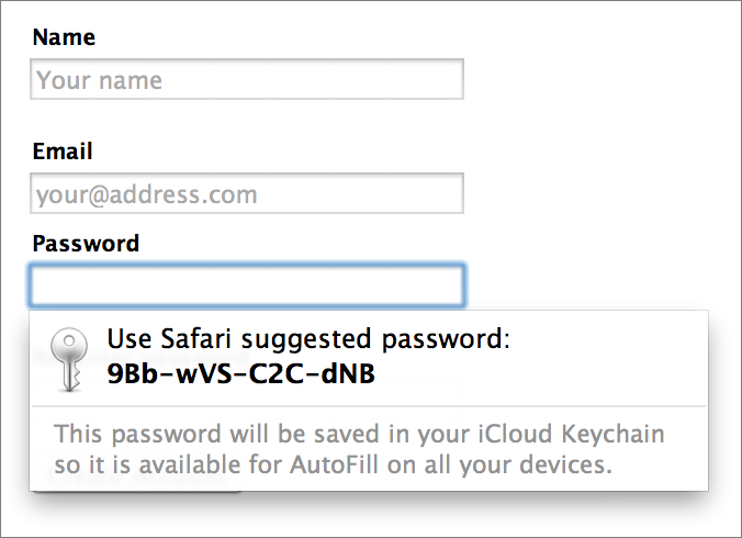 **②** Click or tap in a password field to have Safari suggest a random password.