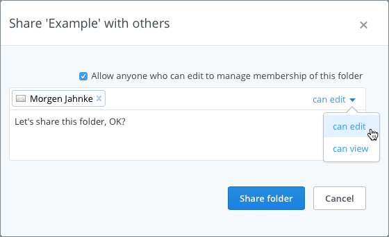 **①** Invite people to share a Dropbox folder and set their sharing privileges using this dialog.