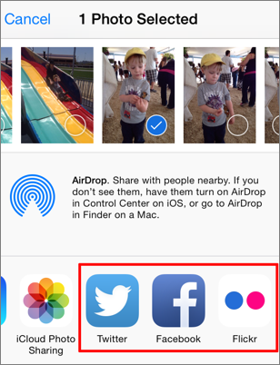 **①** After you tap the Share button in Photos for iOS, tap Twitter, Facebook, or Flickr (outlined here in red) to send the photo(s) to that service.