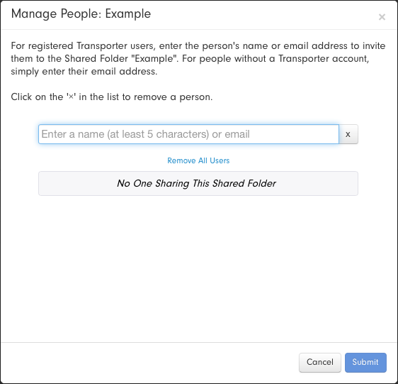 **②** Add other Transporter users (or anyone willing to create a free Connected Data account) to a shared folder in this dialog.
