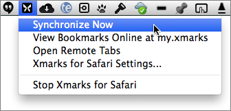 **②** Xmarks runs silently in the background, but you can configure its settings and force an immediate sync, if necessary, using its system-wide menu.