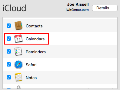 **①** Make sure Calendars is selected to sync calendars from a cloud service such as iCloud with Calendar on your Mac.