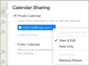 **①** After selecting Private Calendar and adding someone with whom to share it, choose View & Edit to enable read-write syncing.