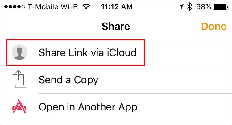 **③** After tapping the Share   icon, tap here to share a link via iCloud.