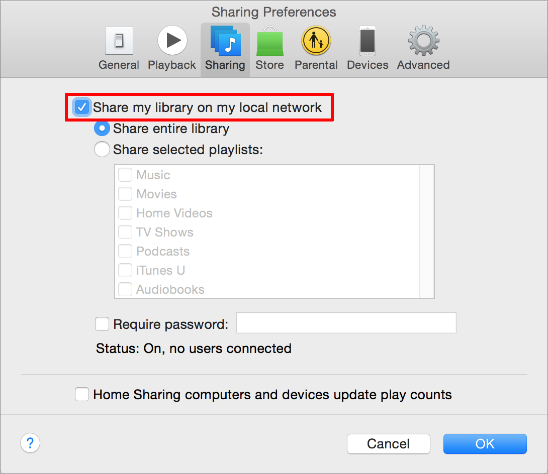 **①** Select this checkbox to make your iTunes music available for streaming on your local network.